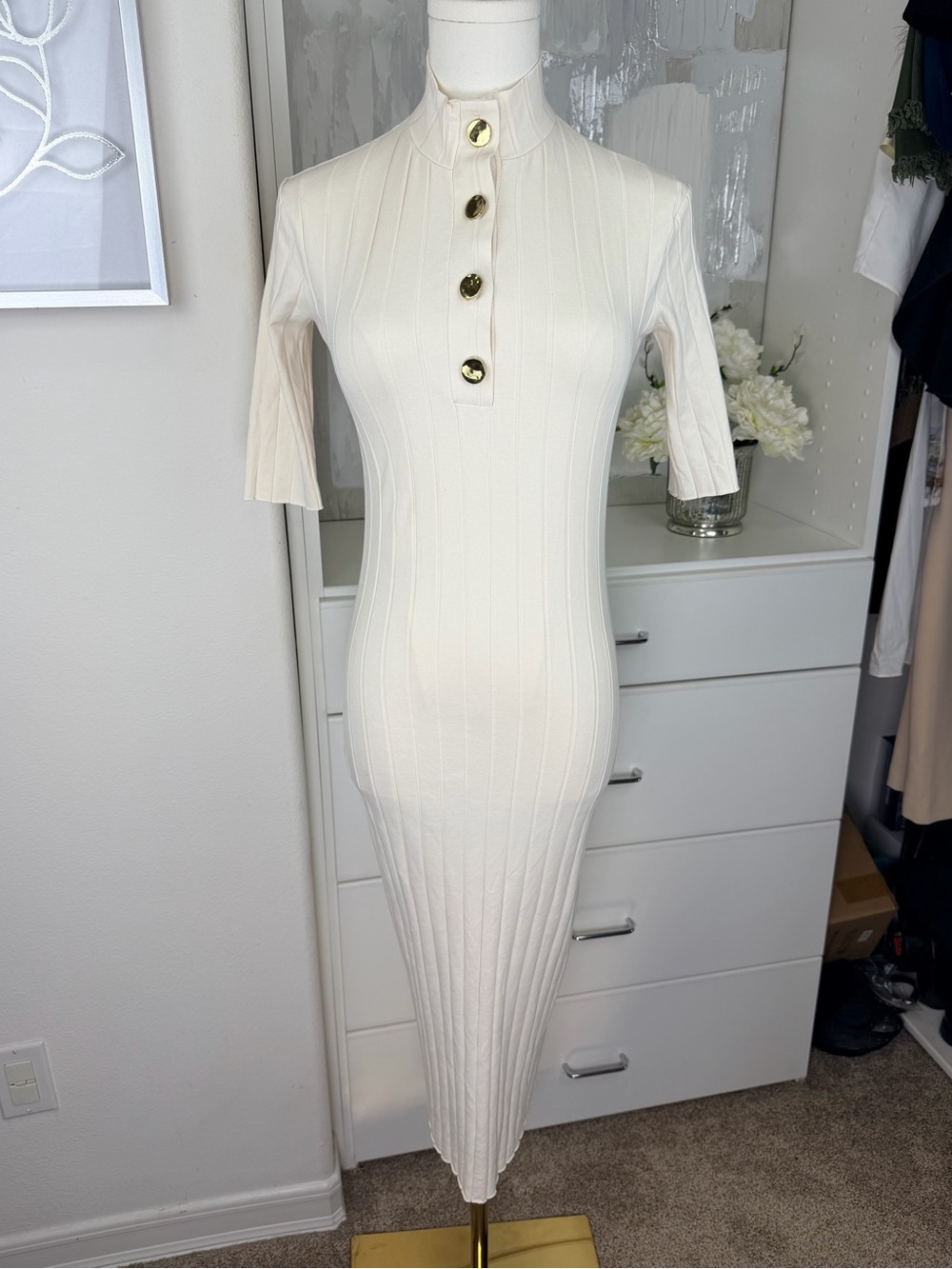 ZARA Off-White Ribbed Knit Henley Midi Dress Gold Buttons